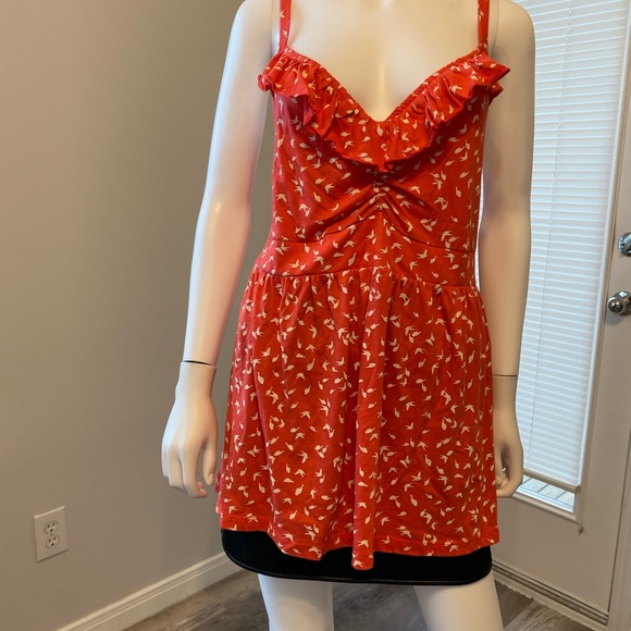 Torrid Spaghetti Strap Baby Doll Tunic Top Orange/Red with Bird Pattern Sz 3 - Picture 4 of 11